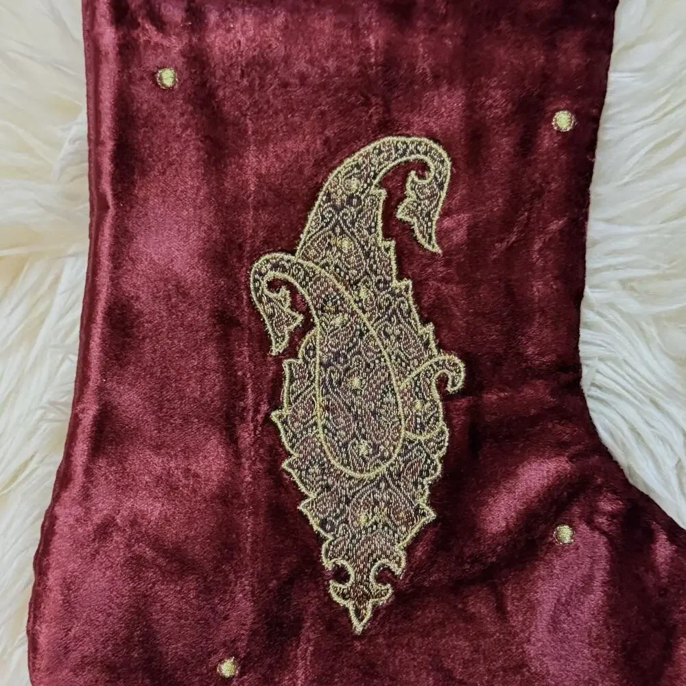 VTG Burgundy Velvet Gold Thread Paisley Brocade Crystal Bead Christmas Stocking